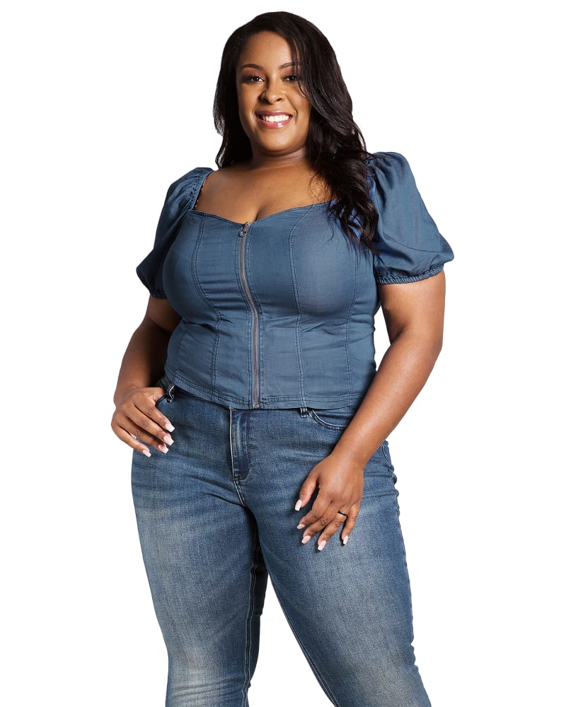 Front of a model wearing a size L Mallory Tencel Denim Corset Top in 3210 Blue by Poetic Justice. | dia_product_style_image_id:275509
